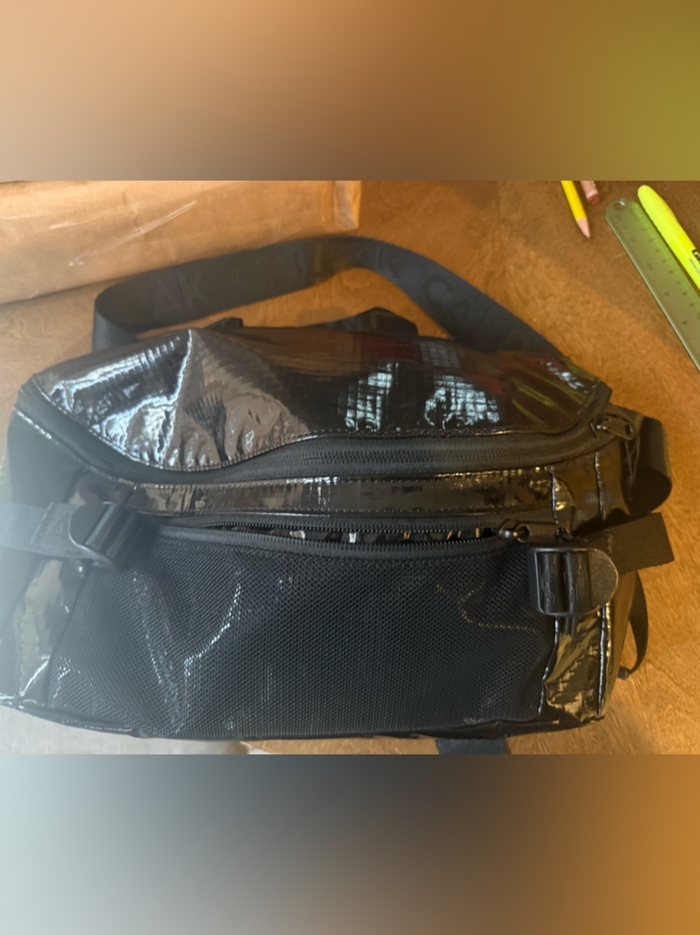 Calpak Black Glossy Belt Bag with Mesh Front Pocket